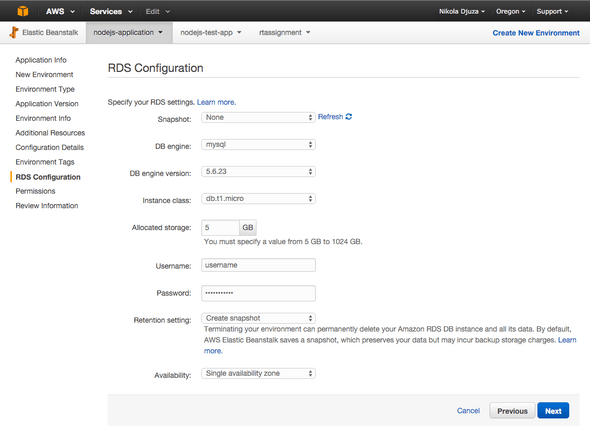 Node.js RDS configuration